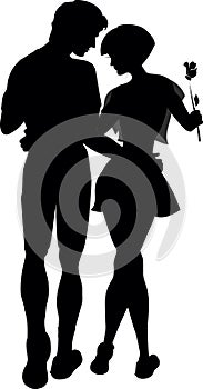 The guy and the girl are hugging. Back view. The girl is holding a rose in her hand. Silhouette. Cartoon.