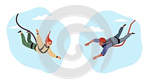 Guy and girl jumping down from bungee cord. Extreme sport, man and woman falling in air. Adrenaline dangerous adventures