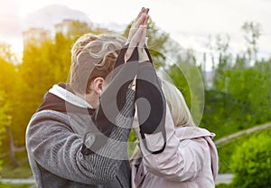 Guy and girl kissing. expressing a desire to remove the mask and be free. the concept of freedom and relationships without