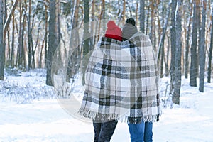 Guy and girl in knitted hats with buboes standing in winter in park are covered with warm blanket. Back view photo
