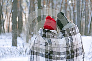 Guy and girl in knitted hats with buboes in winter in park are covered with warm blanket. Back view. Copy space photo