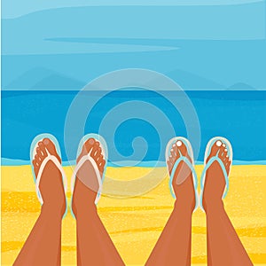 A guy and a girl are lying on the sand. Flip-flops on his feet.