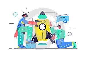 A guy and a girl are preparing a rocket for launch