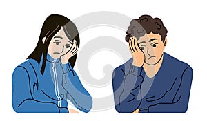 Guy and girl sit with their heads propped up on their hands. Sad people. Set of vector illustrations