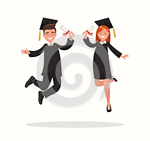 Guy and girl university graduates joyfully bounce.