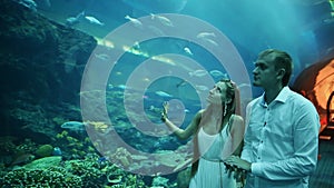 Guy and Girl walk on an underwater aquarium.