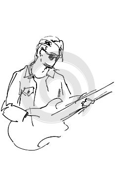 Guy with glasses with an electric guitar photo