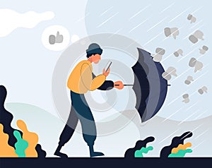 Guy goes with the phone in his hands and hides behind an umbrella from dislikes. Cartoon icon.