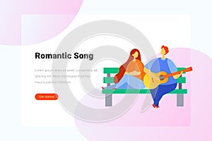 Guy with guitar sings romantic song girl on bench Flat vector illustration. Landing Page design template