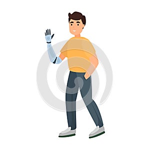 Guy with hand prosthesis flat icon. Colored vector element from disabled collection. Creative Guy with hand prosthesis