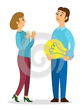 Guy having new idea, startup project or new plan, surprised woman talking with man holding lamp bulb