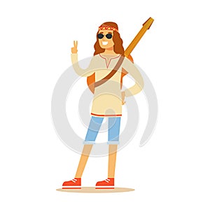 Guy Hippie Dressed In Classic Woodstock Sixties Hippy Subculture Clothes And Round Shades Showing Peace Gesture