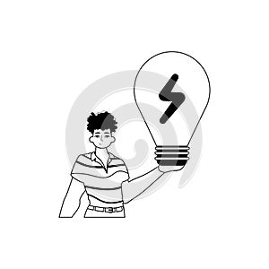 The Guy is holding a lightly bulb . estimate concept . bootleg and White linear style. Trendy style, Vector Illustration photo