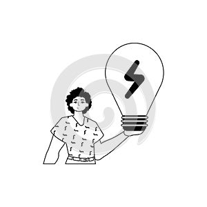 The Guy is holding a lightly bulb . estimate concept . bootleg and white linear style. Trendy style, Vector Illustration photo