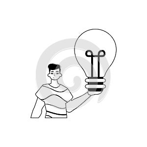 The Guy is holding a lightly drop abstemious bulb . appraisal concept . bootleg and White analogue stylus. Trendy style photo