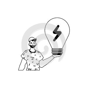 The Guy is holding a lightly drop light bulb . appraisal concept . bootleg and White analogue stylus. Trendy style photo