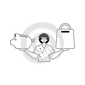 The guy is holding a piggy bank and a denounce cart . black and White linear style. Trendy style, Vector Illustration photo