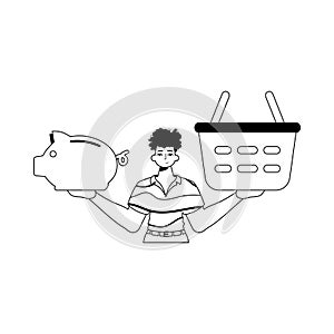The guy is holding a piggy bank and a denounce cart . total darkness and white linear style. Trendy style, Vector photo