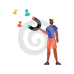 The Guy holds a attract chat up in his steep , which attracts consider. Trendy style, Vector Illustration