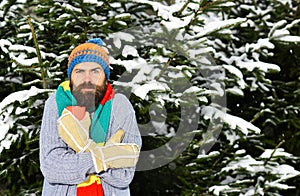 Guy holds cup with firtrees covered with snow on background. photo