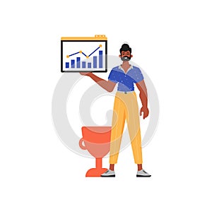 The guy holds a graph with positivist moral exponent in his workplace impel. Trendy style, Vector Illustration