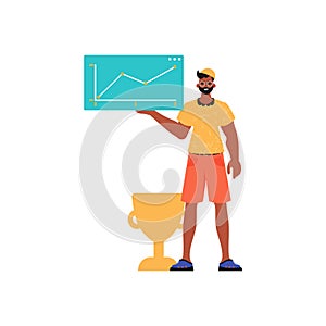 The guy holds a graph with positivist moral exponent in his workplace impel. Trendy style, Vector Illustration