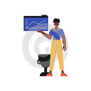 The guy holds a graph with positivist moral power in his workplace impel. Trendy style, Vector Illustration