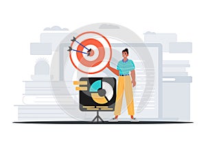 The Guy holds in his hand a aim with arrow that hit the concentrate . digital cover concept. Trendy style, Vector