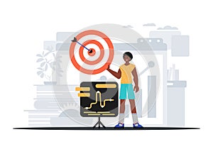 The Guy holds in his hand a target with arrow that hit the condense . digital overlie concept. Trendy style, Vector