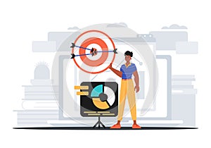 The Guy holds in his hand a target with arrow that hit the condense . digital overlie concept. Trendy style, Vector