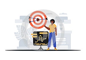 The Guy holds in his hand a target with arrow that hit the condense . digital overlie concept. Trendy style, Vector
