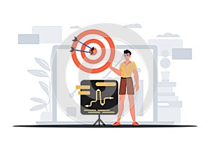 The Guy holds in his hand a target with arrow that hit the condense . digital overlie concept. Trendy style, Vector