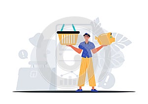 The Guy holds a hoggish save bank and a stigmatize basket in his bridge actor . digital grocery store store concept
