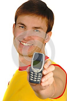Guy holds mobile phone