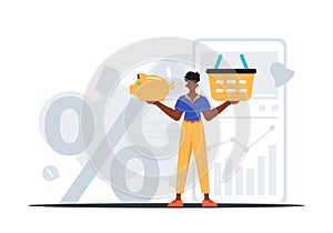The Guy holds a piggy bank and a denounce basket in his bridge actor . digital market concept. Trendy style, Vector photo