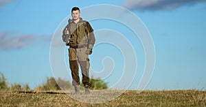Guy hunting nature environment. Hunting weapon gun or rifle. Hunting hobby. Masculine hobby activity. Man hunter carry