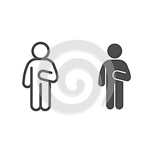 Guy Idler line and solid icon. Man in front pose with raised hand on the right outline style pictogram on white