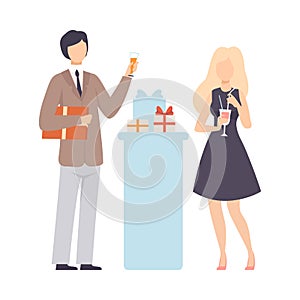 Guy In Jacket Wishing Girl Happy Birthday And Pronouncing Toast Vector Illustration Isolated On White Background