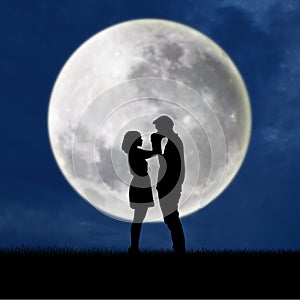Guy kiss girl hand on blue full moon background