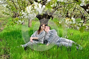 A guy kisses a girl under a flowering tree