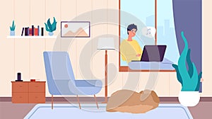 Guy with laptop. Man resting, person and dog in living room. Freelancer, online chat and work vector illustration