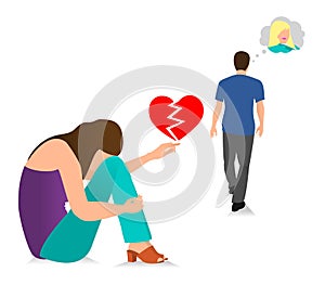 The Guy Leaves The Young Girl. Vector illustration concept of bad relationship, failed marriage, broken heart, cheating, depressed