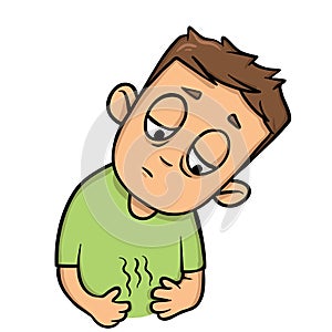 Guy looking down at his stomach growling in hunger. Flat design icon. Colorful flat vector illustration. Isolated on photo