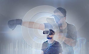 Guy looking through VR Virtual Reality glasses - Playing Boxi