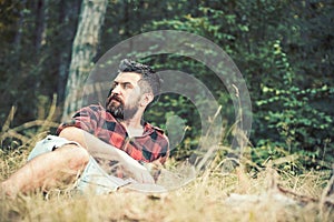 Guy lying on grass in park or forest. Camping in woods. Bearded man with blues eyes looking to the side. Summer leisure