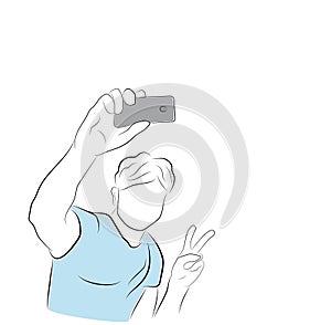 The guy makes a selfie photo. Selfie mania! vector illustration.