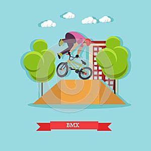 Guy makes a stunt on BMX, flat design