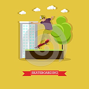 Guy makes a stunt on skateboard, flat design