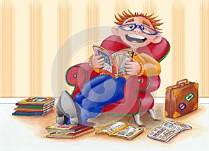 Guy/man reading Brochures in Easy Chair - Illustration