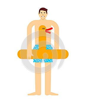 Guy man and swim ring duck. Man and  and an inflatable rubber ring. Summer rest